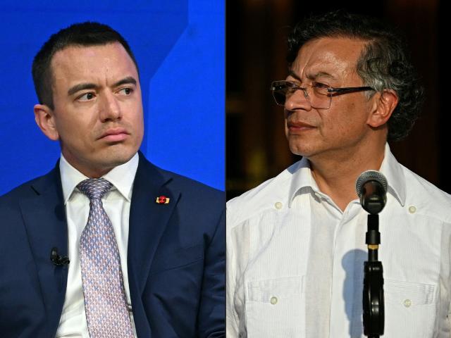 (COMBO) This combination of pictures created on April 29, 2026 shows Ecuador's President Daniel Noboa attending the World Economic Forum (WEF) annual meeting in Davos on January 20, 2026, and Colombia's President Gustavo Petro speaking after a bilateral meeting at the Miraflores presidential palace in Caracas on April 24, 2026. On April 29, 2026, Ecuador's President Daniel Noboa accused his Colombian counterpart, Gustavo Petro, of orchestrating a guerrilla “incursion” across the border, escalating tensions amid a trade and diplomatic crisis between the two countries. (Photo by Fabrice COFFRINI and Federico PARRA / AFP)