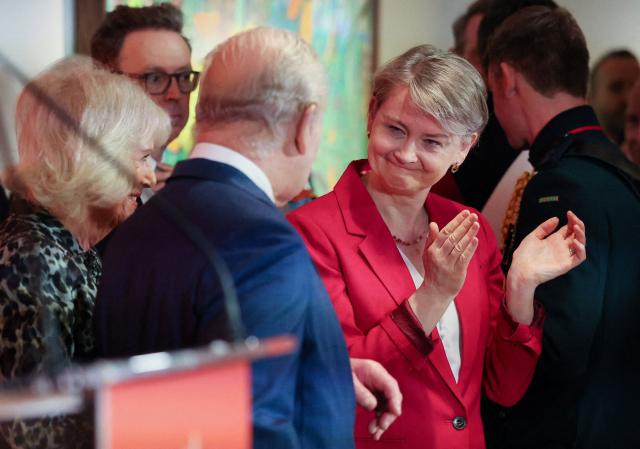 Britain's King Charles, Queen Camilla and British Foreign Secretary Yvette Cooper attend the Greater Together Reception, partner of King’s Trust at Christie's in New York, on April 29, 2026. (Photo by Suzanne Plunkett / POOL / AFP)