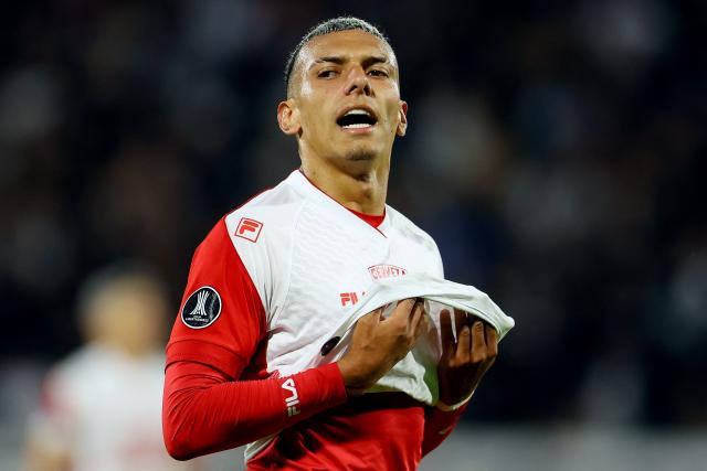 Santa Fe's Uruguayan forward #09 Franco Fagundez reacts during the Copa Libertadores group stage football match between Argentina's Platense and Colombia's Independiente Santa Fe at the Ciudad de Vicente Lopez stadium in Vicente Lopez, Buenos Aires province, Argentina on April 29, 2026. (Photo by Alejandro PAGNI / AFP)