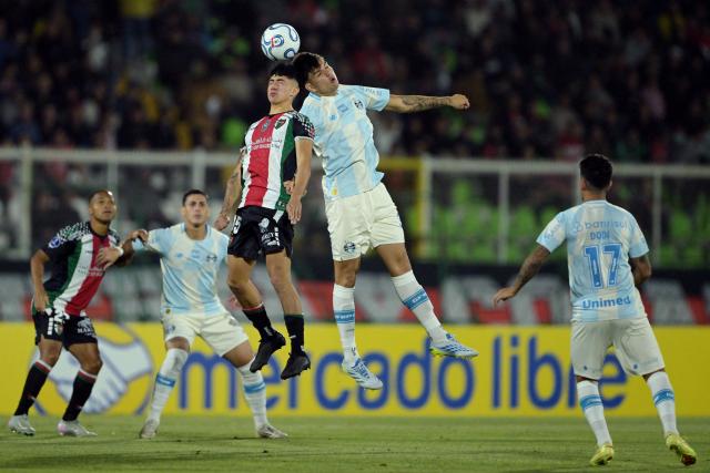 Palestino's midfielder #15 Francisco Montes and Gremio's Argentine midfielder #33 Leonel Perez fight for the ball during the Copa Sudamericana group stage football match between Chile's Palestino and Brazil's Gremio at the Municipal de la Cisterna stadium in Santiago on April 29, 2026. (Photo by Rodrigo ARANGUA / AFP)