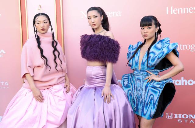 (L/R) US singer Audrey Nuna, South Korean-US singer EJAE and South Korean singer actress Rei Ami attends Billboard Women in Music at the Hollywood Palladium in Los Angeles on April 29, 2026. (Photo by VALERIE MACON / AFP)