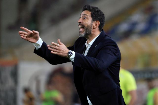 Nacional's head coach Jorge Bava gestures during the Copa Libertadores group stage football match between Peru's Universitario and Uruguay's Nacional at the Monumental "U" Marathon stadium in Lima on April 29, 2026. (Photo by Connie FRANCE / AFP)
