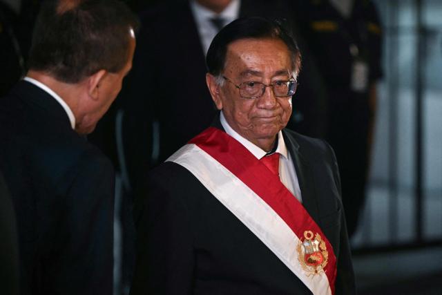 (FILES) Peru's new interim President Jose Maria Balcazar gestures after his election at the National Congress in Lima on February 18, 2026. The German and Israeli embassies in Lima condemned as "absurd" and "anti-Semitic" a statement by Peru's interim President Jose Maria Balcazar claiming that Germany started World War II "in part due to the fault of the Jews." The comment was made during a speech to business leaders on April 28, 2026, in which Balcazar referred to the book "The Enemies of Commerce" by Spanish philosopher Antonio Escohotado. (Photo by Ernesto BENAVIDES / AFP)