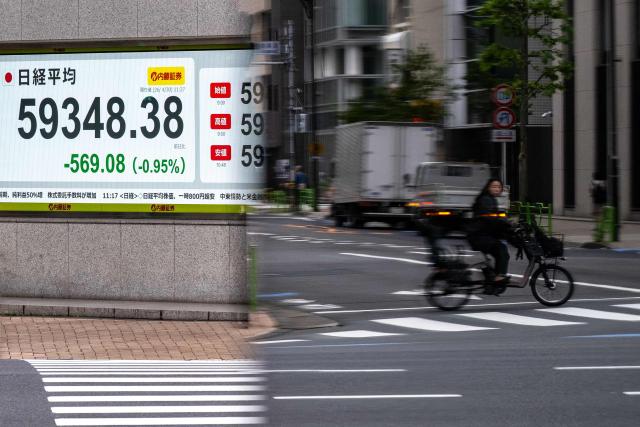 An electronic quotation board displays the Nikkei 225 index on the Tokyo Stock Exchange in Tokyo on April 30, 2026. (Photo by Philip FONG / AFP)