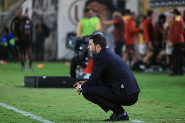 Nacional's head coach Jorge Bava reacts after losing the Copa Libertadores group stage football match between Peru's Universitario and Uruguay's Nacional at the Monumental "U" Marathon stadium in Lima on April 29, 2026. (Photo by Connie FRANCE / AFP)