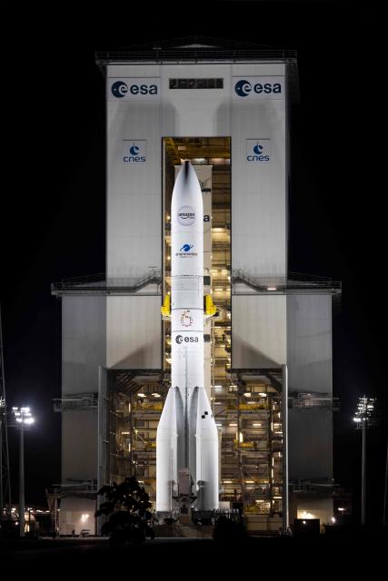 This photograph shows the Arianespace's Ariane 6 rocket carrying the Amazon Leo LE-02 payload ahead of its launching as part of Flight VA268, at the Guiana Space Centre in Kourou, on the French overseas department of Guiana on April 30, 2026. (Photo by RONAN LIETAR / AFP)