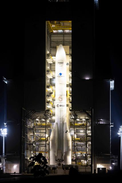 This photograph shows the Arianespace's Ariane 6 rocket carrying the Amazon Leo LE-02 payload ahead of its launching as part of Flight VA268, at the Guiana Space Centre in Kourou, on the French overseas department of Guiana on April 30, 2026. (Photo by RONAN LIETAR / AFP)