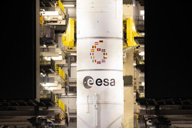 This photograph shows a view of the Arianespace's Ariane 6 rocket carrying the Amazon Leo LE-02 payload ahead of its launching as part of Flight VA268, at the Guiana Space Centre in Kourou, on the French overseas department of Guiana on April 30, 2026. (Photo by RONAN LIETAR / AFP)