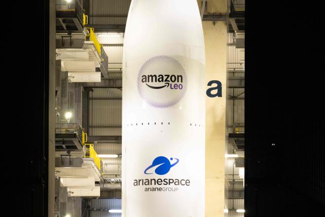 This photograph shows a view of the Arianespace's Ariane 6 rocket carrying the Amazon Leo LE-02 payload ahead of its launching as part of Flight VA268, at the Guiana Space Centre in Kourou, on the French overseas department of Guiana on April 30, 2026. (Photo by RONAN LIETAR / AFP)