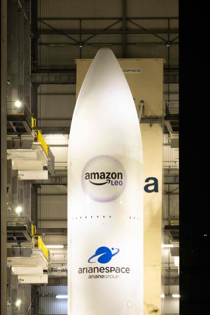 This photograph shows a view of the Arianespace's Ariane 6 rocket carrying the Amazon Leo LE-02 payload ahead of its launching as part of Flight VA268, at the Guiana Space Centre in Kourou, on the French overseas department of Guiana on April 30, 2026. (Photo by RONAN LIETAR / AFP)