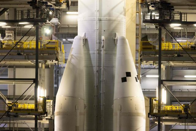 This photograph shows a view of the Arianespace's Ariane 6 rocket carrying the Amazon Leo LE-02 payload ahead of its launching as part of Flight VA268, at the Guiana Space Centre in Kourou, on the French overseas department of Guiana on April 30, 2026. (Photo by RONAN LIETAR / AFP)