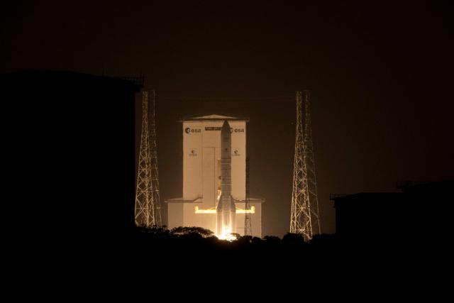 Arianespace's Ariane 6 rocket carrying the Amazon Leo LE-02 payload launches as part of Flight VA268, at the Guiana Space Centre in Kourou, on the French overseas department of Guiana on April 30, 2026. (Photo by RONAN LIETAR / AFP)
