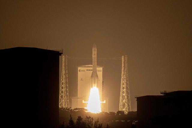Arianespace's Ariane 6 rocket carrying the Amazon Leo LE-02 payload launches as part of Flight VA268, at the Guiana Space Centre in Kourou, on the French overseas department of Guiana on April 30, 2026. (Photo by RONAN LIETAR / AFP)