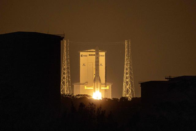 Arianespace's Ariane 6 rocket carrying the Amazon Leo LE-02 payload launches as part of Flight VA268, at the Guiana Space Centre in Kourou, on the French overseas department of Guiana on April 30, 2026. (Photo by RONAN LIETAR / AFP)