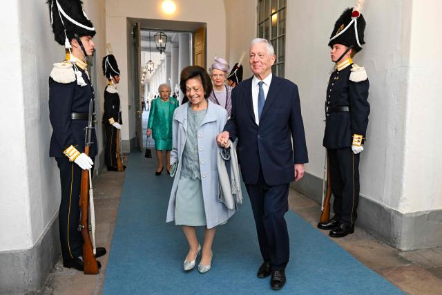 Princess Catherine of Serbia and Crown Prince Alexander of Serbia  arrive at the Royal Chapel inside the Palace in Stockholm, Sweden, on April 30, 2026, to attend the "Te Deum" thanksgiving service during celebrations to mark the 80th birthday of Sweden's King Carl XVI Gustaf. (Photo by Jonathan Nackstrand / AFP)