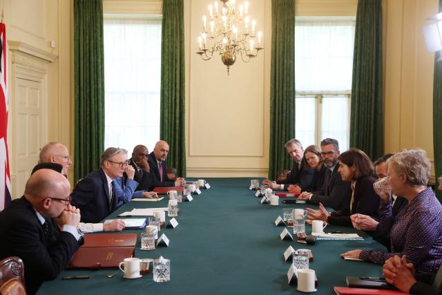 Britain's Prime Minister Keir Starmer (centre L) convenes a meeting of criminal justice agencies following the Golders Green attack the day before, in Downing Street in central London on April 30, 2026. The UK government on April 30 announced an extra 25 million pound (33 million USD) for security outside synagogues and schools, a day after two Jews were stabbed in the latest attack on the community. (Photo by Dan Kitwood / POOL / AFP)