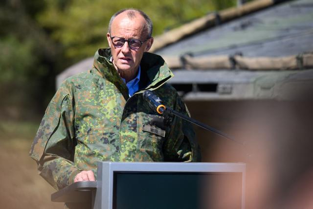 German Chancellor Friedrich Merz addresses journalists during his visit of the German army barracks in Munster, northern Germany, on April 30, 2026. (Photo by DANIEL REINHARDT / AFP)