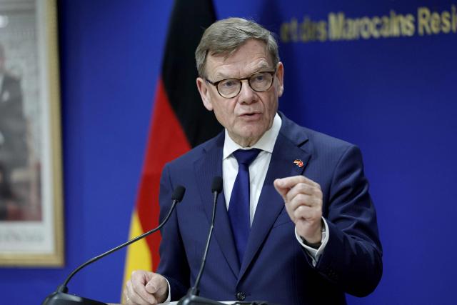 Germany’s Foreign Minister Johann Wadephul speaks during a joint press conference with Morocco’s Minister of Foreign Affairs, following their official meeting in Rabat, on April 30, 2026. (Photo by Abdel Majid BZIOUAT / AFP)