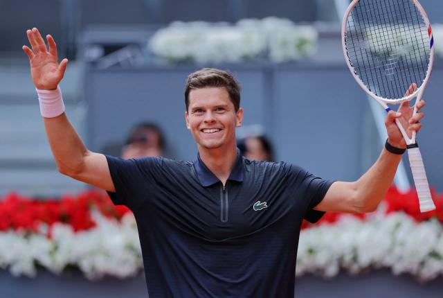 Belgium's Alexander Blockx celebrates beating Norway's Casper Ruud during their 2026 ATP Tour Madrid Open tennis tournament quarter-final singles match at the Caja Magica in Madrid, on April 30, 2026. (Photo by Thomas COEX / AFP)
