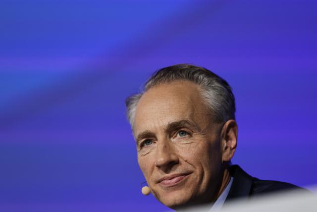 CEO of AXA Thomas Buberl speaks during the French multinational insurance corporation Axa general assembly at the Salle Pleyel, in Paris on April 30, 2026. (Photo by Anne-Christine POUJOULAT / AFP)