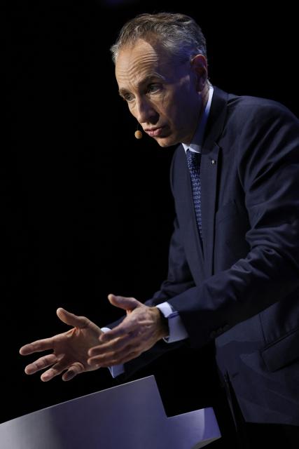 CEO of AXA Thomas Buberl speaks during the French multinational insurance corporation Axa general assembly at the Salle Pleyel, in Paris on April 30, 2026. (Photo by Anne-Christine POUJOULAT / AFP)