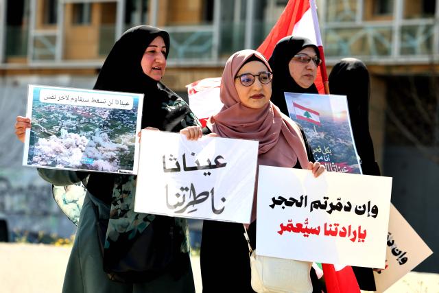 Residents and inhabitants of the devastated southern Lebanese border villages protest against the destruction of their villages and being prevented from returning by order of the Israeli army, at Martyrs Square in central Beirut on April 30, 2026. On April 30, an Israeli army spokesperson called for the evacuation of eight southern villages ahead of planned military action there. Shortly after the ceasefire began on April 17, Israel declared a so-called "Yellow Line", a strip of Lebanese territory about 10 kilometres deep along the border, where it has been operating and demolishing villages. (Photo by Anwar AMRO / AFP)