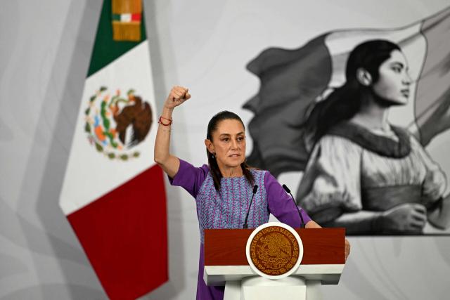 Mexico's President Claudia Sheinbaum gestures as she speaks during her daily press conference at the Palacio Nacional in Mexico City on April 30, 2026. Mexican federal prosecutors said on April 29 that they will open an investigation into the governor of Sinaloa state after US authorities brought narcotrafficking charges against Ruben Rocha Moya and several associates. (Photo by YURI CORTEZ / AFP)