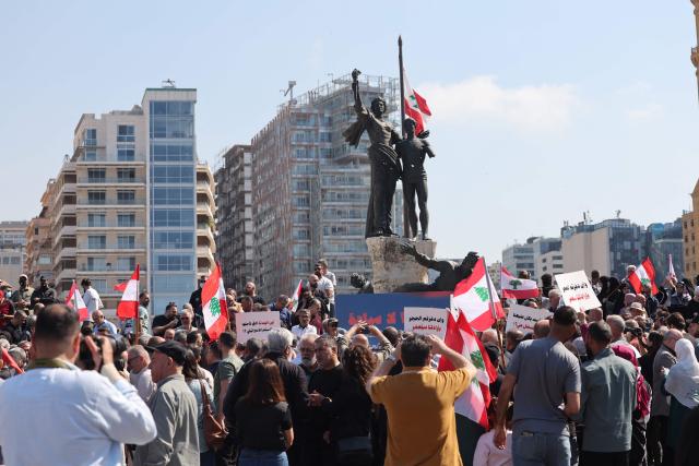 Residents, mukhtars, and inhabitants of the devastated southern Lebanese border villages protest against the destruction of their villages and being prevented from returning by order of the Israeli army, at Martyrs Square in central Beirut on April 30, 2026. On April 30, an Israeli army spokesperson called for the evacuation of eight southern villages ahead of planned military action there. Shortly after the ceasefire began on April 17, Israel declared a so-called "Yellow Line", a strip of Lebanese territory about 10 kilometres deep along the border, where it has been operating and demolishing villages. (Photo by Anwar AMRO / AFP)