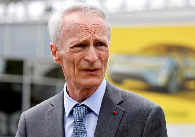 (FILES) Renault's chairperson Jean-Dominique Senard looks on during the visit by the French President to the site of the future factory of Japan-based battery maker Envision AESC group, where Renault SA develops an electric-vehicle manufacturing hub, in Douai, northern France, on June 28, 2021. Jean-Dominique Senard, who has served as chairman of the board of directors at car manufacturer Renault for the past seven years, “will not serve a single term too many” and will focus on preparing for his succession by 2027, he told Renault Group shareholders on April 30, 2026. (Photo by Ludovic MARIN / POOL / AFP)
