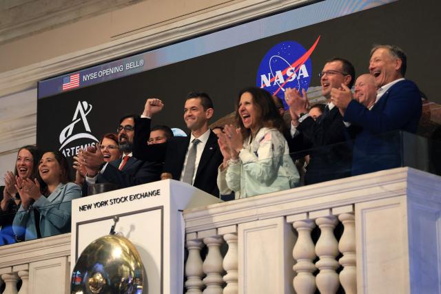 NASA Administrator Jared Isaacman (C), joined by President of NYSE Group Lynn Martin (C-R), along with NASA leadership, gestures as he rings the opening bell of the New York Stock Exchange, on April 30, 2026, in New York, New York. (Photo by TIMOTHY A. CLARY / AFP)