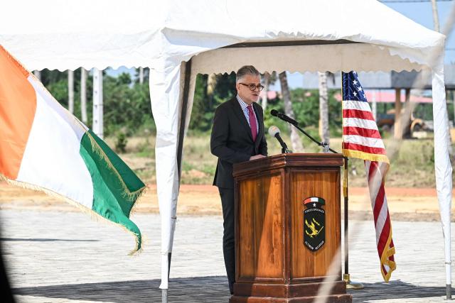 Richard Michaels, Deputy Assistant Secretary of the US Bureau of African Affairs, delivers his speech on the last day of the Flintlock 2026 military training hosted by the International counter-terrorism-Academy, in Jacqueville on April 30, 2026. (Photo by Issouf SANOGO / AFP)