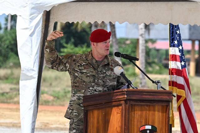 US Air force General Claude Tudor, Commander of the US Special Operations Command Africa, delivers his speech on the last day of the Flintlock 2026 military training hosted by the International counter-terrorism-Academy, in Jacqueville on April 30, 2026. (Photo by Issouf SANOGO / AFP)