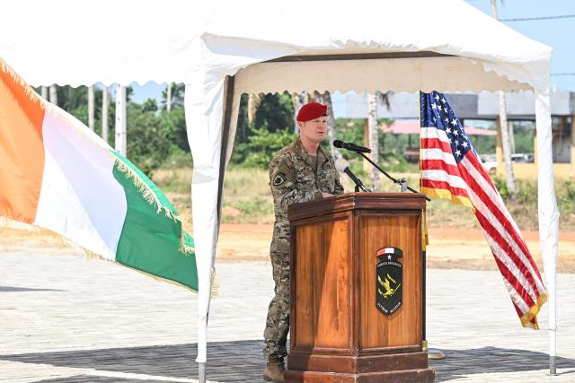US Air force General Claude Tudor, Commander of the US Special Operations Command Africa, delivers his speech on the last day of the Flintlock 2026 military training hosted by the International counter-terrorism-Academy, in Jacqueville on April 30, 2026. (Photo by Issouf SANOGO / AFP)
