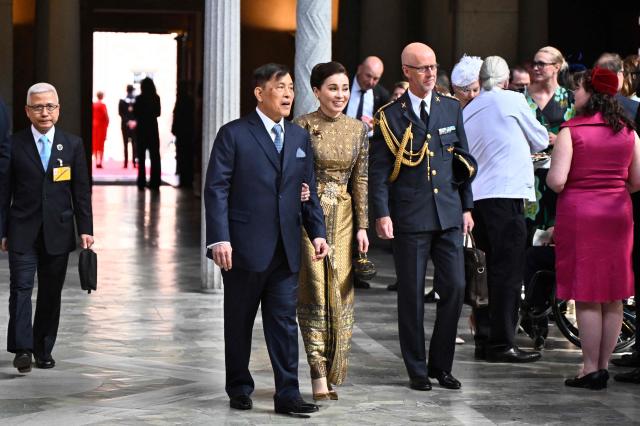 King Maha Vajiralongkorn of Thailand and Queen Suthida of Thailand arrive to attend a lunch at the City Hall as part of the celebrations of the king's 80th birthday in Stockholm, Sweden, on April 30, 2026. (Photo by Christine OLSSON / TT News Agency / AFP) / Sweden OUT
