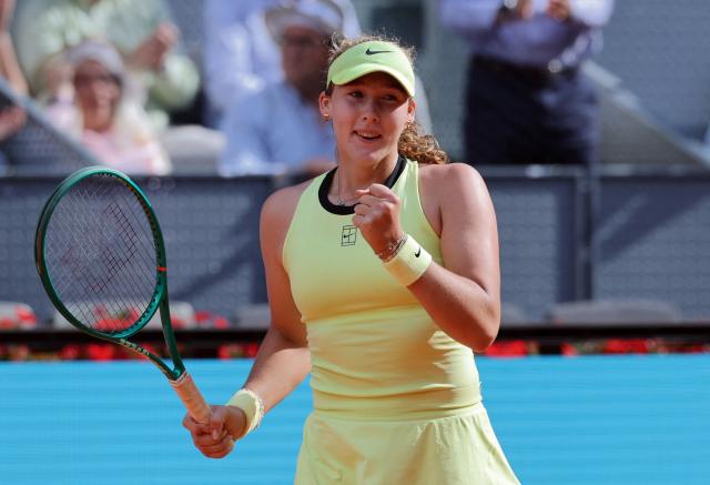 Russia's Mirra Andreeva celebrates winning her 2026 WTA Tour Madrid Open tennis tournament women's semi-final singles match against USA's Hailey Baptiste at the Caja Magica in Madrid, on April 30, 2026. Andreeva won 6-4 7-6. (Photo by Thomas COEX / AFP)