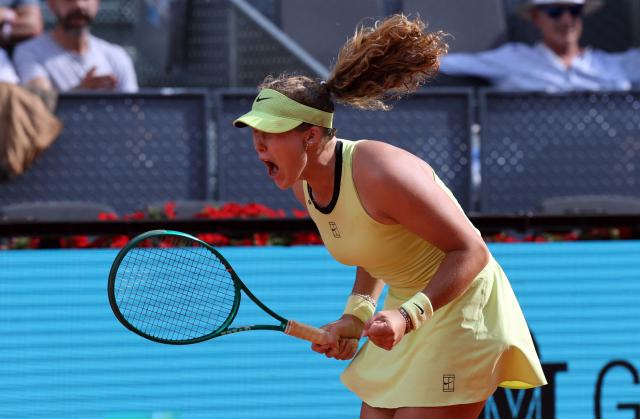 Russia's Mirra Andreeva celebrates winning her 2026 WTA Tour Madrid Open tennis tournament women's semi-final singles match against USA's Hailey Baptiste at the Caja Magica in Madrid, on April 30, 2026. Andreeva won 6-4 7-6. (Photo by Thomas COEX / AFP)