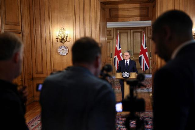 Britain's Prime Minister Keir Starmer gives a statement at 10 Downing Street in central London on April 30, 2026, to update on the government's response to the stabbing of two Jewish men the day before. Starmer was earlier booed and heckled with shouts of "Jew harmer" on April 30 as the Jewish community in London accused him of doing too little to protect them, a day after a knife attack. (Photo by Jack Taylor / POOL / AFP)