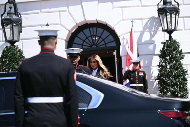 First Lady Melania Trump arrives to greet Britain's King Charles III and Queen Camilla during a farewell ceremony on the South Lawn of the White House in Washington, DC, on April 30, 2026. King Charles III and Queen Camilla are wrapping up their visit to the United States and will head to Bermuda next. (Photo by Brendan SMIALOWSKI / AFP)