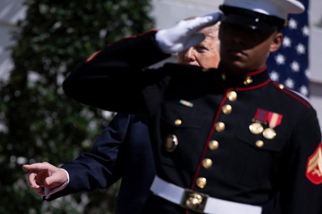 US President Donald Trump arrives to greet Britain's King Charles III and Queen Camilla during a farewell ceremony on the South Lawn of the White House in Washington, DC, on April 30, 2026. King Charles III and Queen Camilla are wrapping up their visit to the United States and will head to Bermuda next. (Photo by Brendan Smialowski / AFP)