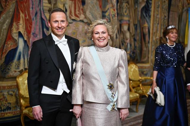 The President of Iceland Halla Tomasdottir and first gentleman of Iceland Bjoern Skulason arrive for the gala dinner in the Hall of State at the Royal Palace as part of the celebrations of King Carl XVI Gustaf of Sweden's 80th birthday in Stockholm, Sweden, on April 30, 2026. (Photo by Christine OLSSON / TT News Agency / AFP) / Sweden OUT