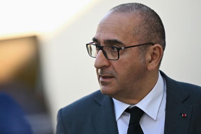 France's Interior Minister Laurent Nunez arrives for a visit at the gendarmerie in Ecquevilly, on the outskirts of Paris, on April 30, 2026, which is focused on the urban violences that have affected the Yvelines French Department. (Photo by Martin LELIEVRE / AFP)