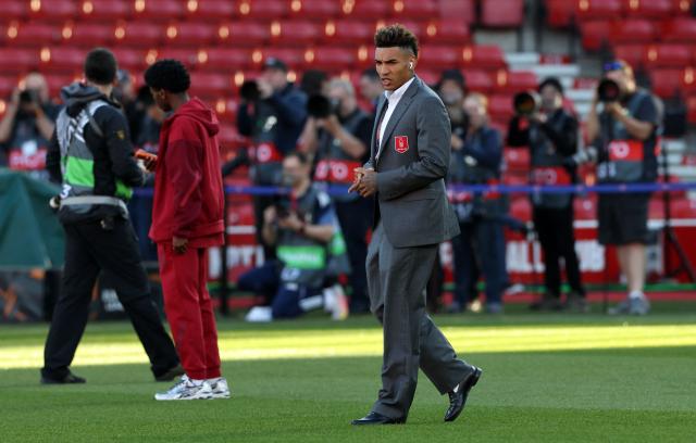 Nottingham Forest's Brazilian striker #19 Igor Jesus walks on the pitch ahead of the UEFA Europa League semi-final first-leg football match between Nottingham Forest and Aston Villa at The City Ground in Nottingham, central England, on April 30, 2026. (Photo by Darren Staples / AFP)