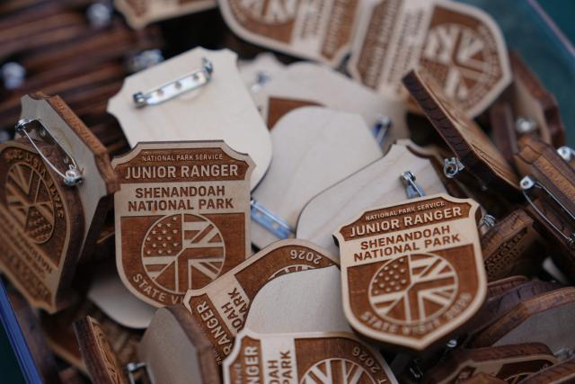 Junior ranger badges that will be presented during Britain's King Charles III visit to Shenandoah National Park are seen in Front Royal, Virginia, on April 30, 2026. (Photo by Julia Demaree Nikhinson / POOL / AFP)