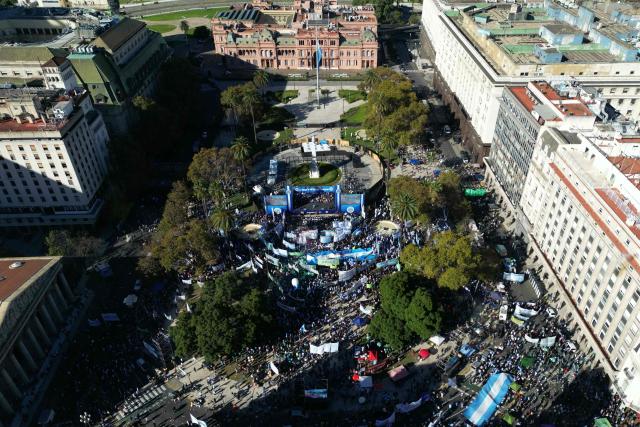 Aerial view of Plaza de Mayo square during a demonstration called by Argentine labor unions on the eve of International Workers’ Day, against the government of Argentine President Javier Milei, on April 30, 2026. (Photo by Juan Mabromata / AFP)