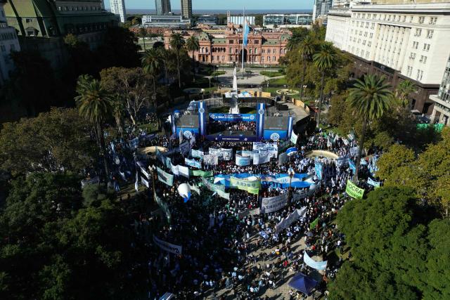 Aerial view of Plaza de Mayo square during a demonstration called by Argentine labor unions on the eve of International Workers’ Day, against the government of Argentine President Javier Milei, on April 30, 2026. (Photo by Juan Mabromata / AFP)