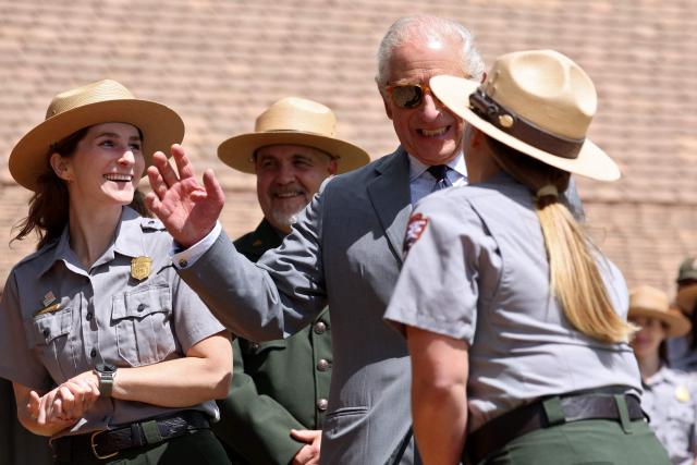 Britain's King Charles III speaks with National Park Service Rangers as he visits Shenandoah National Park in Front Royal, Virginia, on April 30, 2026. (Photo by Tom BRENNER / POOL / AFP)