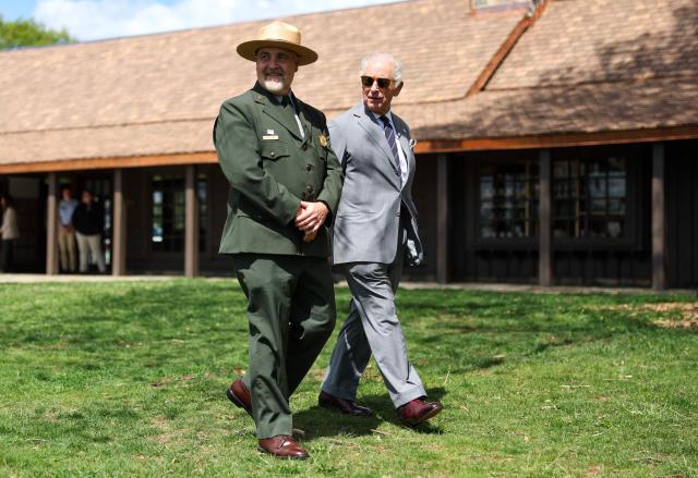Britain's King Charles III  walks with Shenandoah National Park superintendent J. Tracy Stakely (L) as he visits Shenandoah National Park in Front Royal, Virginia, on April 30, 2026. (Photo by Tom BRENNER / POOL / AFP)