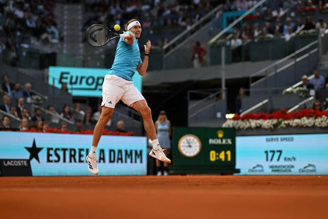 Germany's Alexander Zverev returns a ball to Italy's Flavio Cobolli during their 2026 ATP Tour Madrid Open tennis tournament quarter-final singles match at the Caja Magica in Madrid, on April 30, 2026. (Photo by Javier SORIANO / AFP)