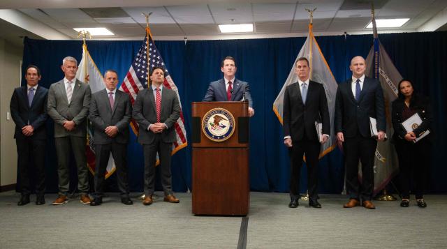 US Assistant Attorney General of the Justice Department's Fraud Division Colin McDonald (C), announces the formation of a strike force against health care fraud during a press conference in San Francisco, California, on April 30, 2026. (Photo by Karl Mondon / AFP)