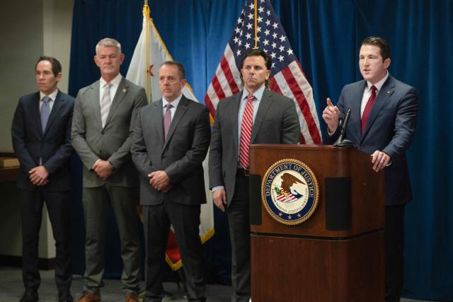 US Assistant Attorney General of the Justice Department's Fraud Division Colin McDonald (R), announces the formation of a strike force against health care fraud during a press conference in San Francisco, California, on April 30, 2026. (Photo by Karl Mondon / AFP)